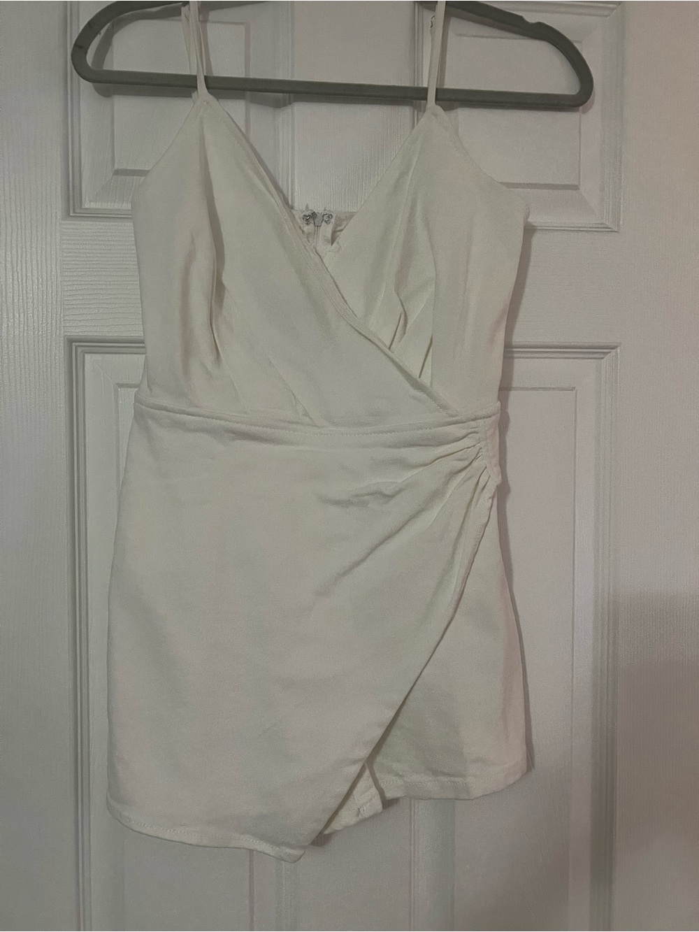 White Denim Wrap-Front Spaghetti Strap Romper